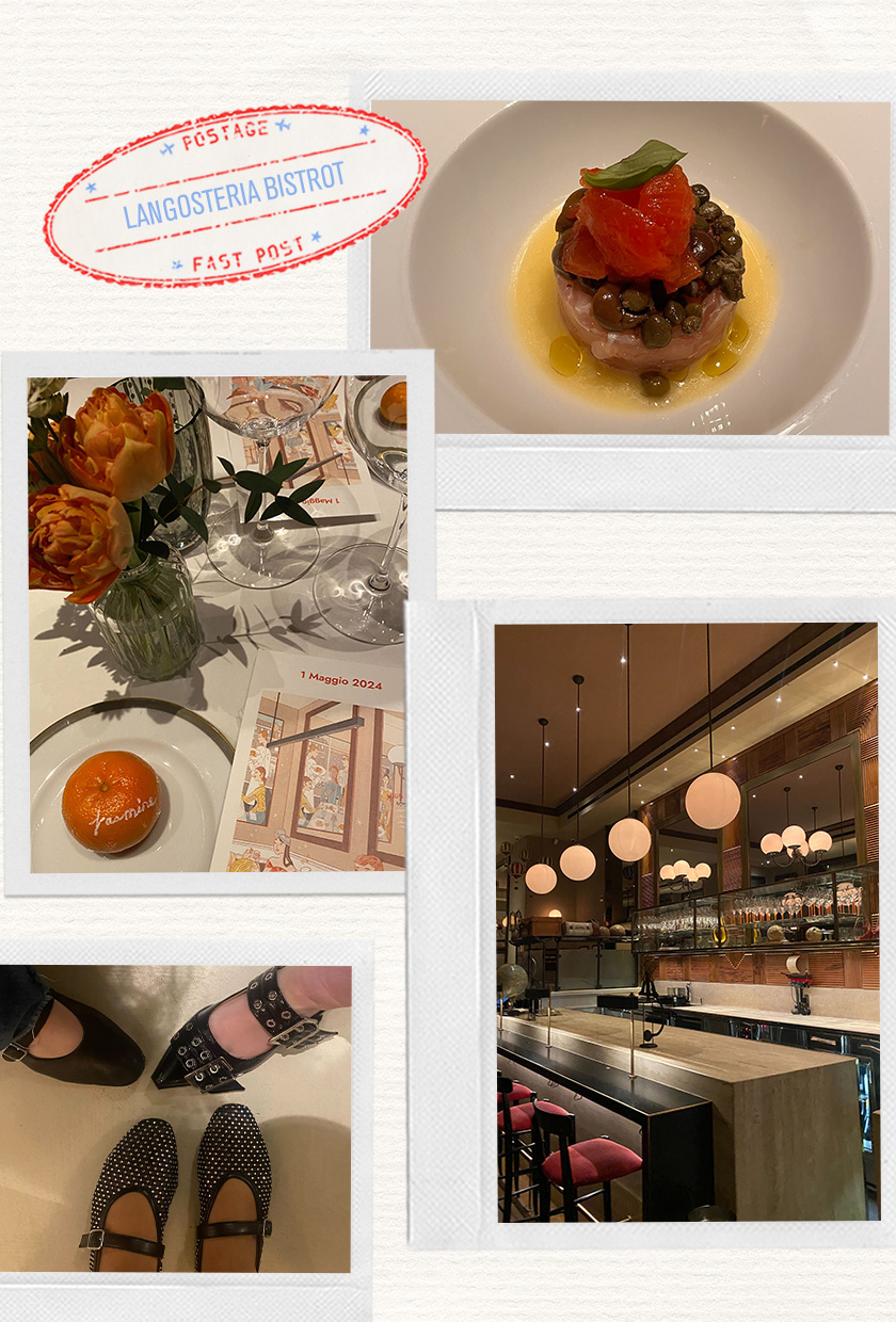 a collage of images of the restaurant Langosteria Bistrot in Milan, Italy