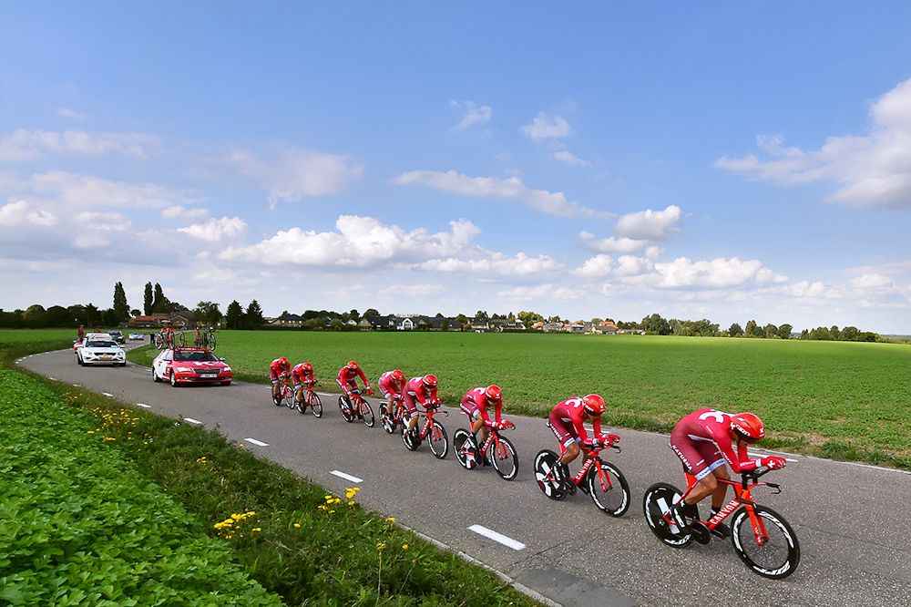 Katusha on course during the Eneco team time trial
