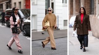 Street style influencers showing shoes to wear with wide leg trousers loafers