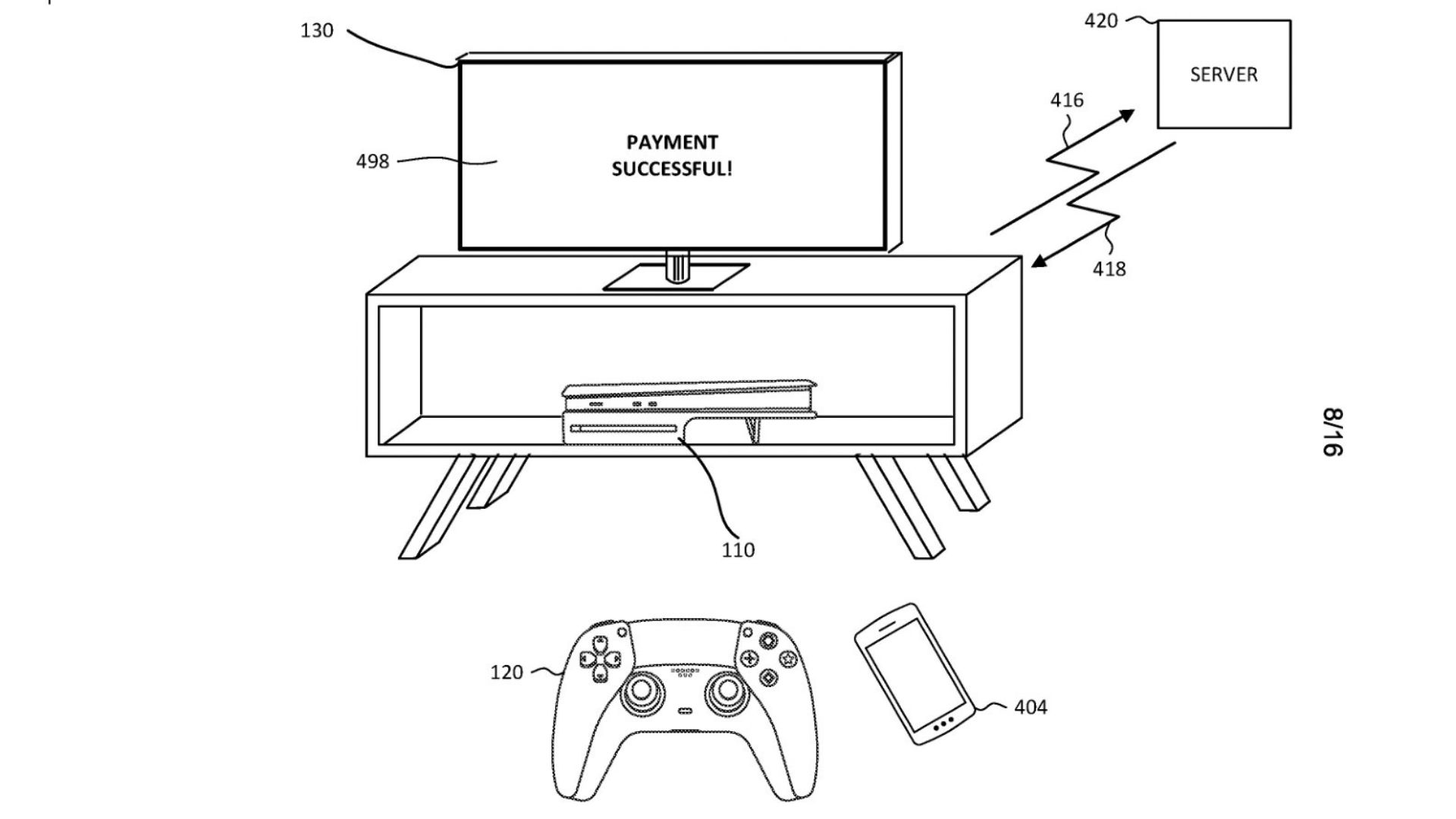 An illustration from Sony's patent showing a phone being used to tap a controller and pay for goods on a PlayStation console