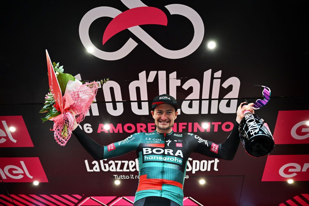 RIVOLI ITALY MAY 18 Nico Denz of Germany and Team BORA hansgrohe celebrates at podium as stagewinner during the 106th Giro dItalia 2023 Stage 12 a 185km stage from Bra to Rivoli UCIWT on May 18 2023 in Rivoli Italy Photo by Stuart FranklinGetty Images