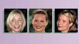 1990s iconic makeup looks collage of cameron diaz kate moss and gwyneth paltrow