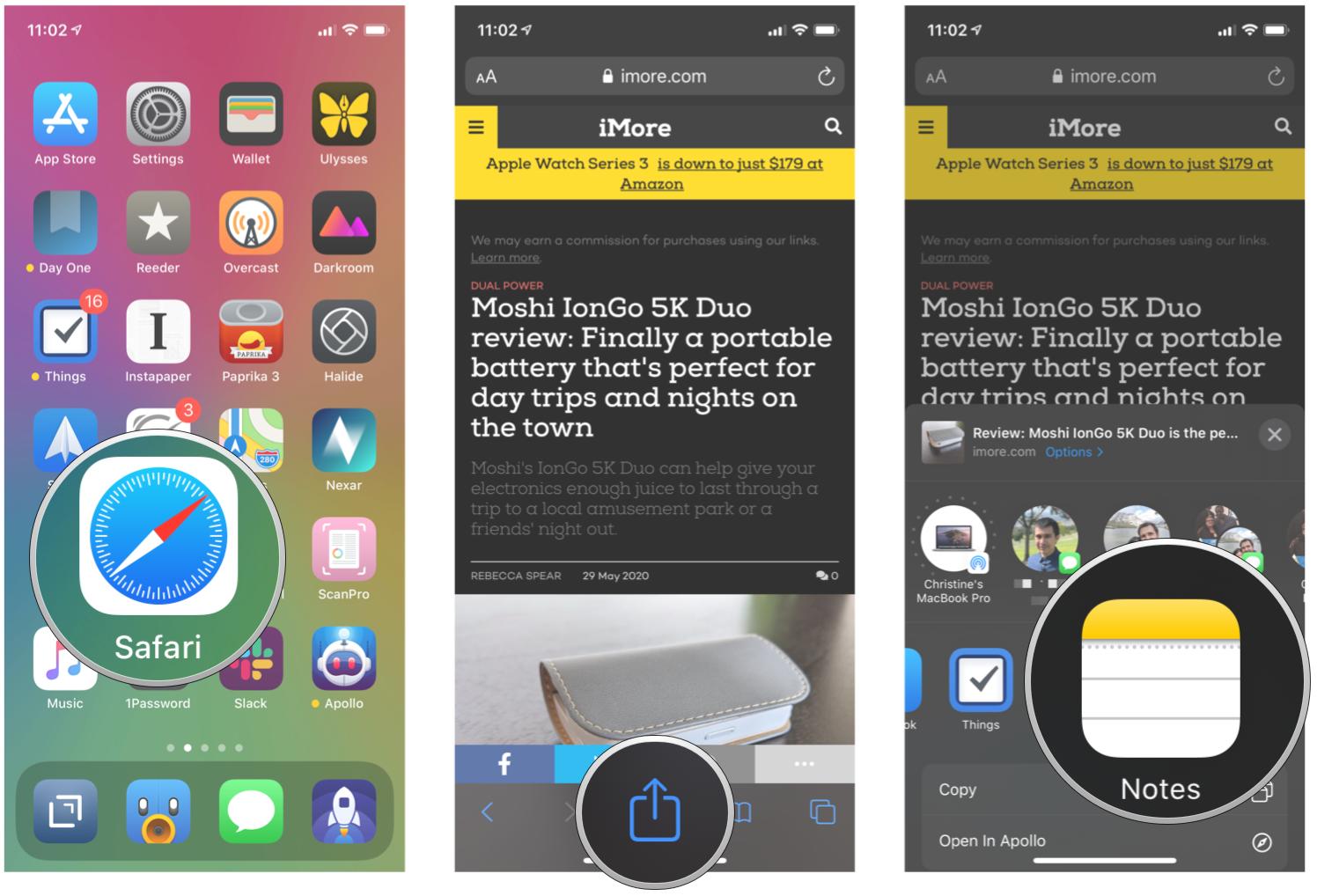 Send a link from Safari to Notes by showing: Launch Safari, go to a page to share, tap the Share Button, then select Notes