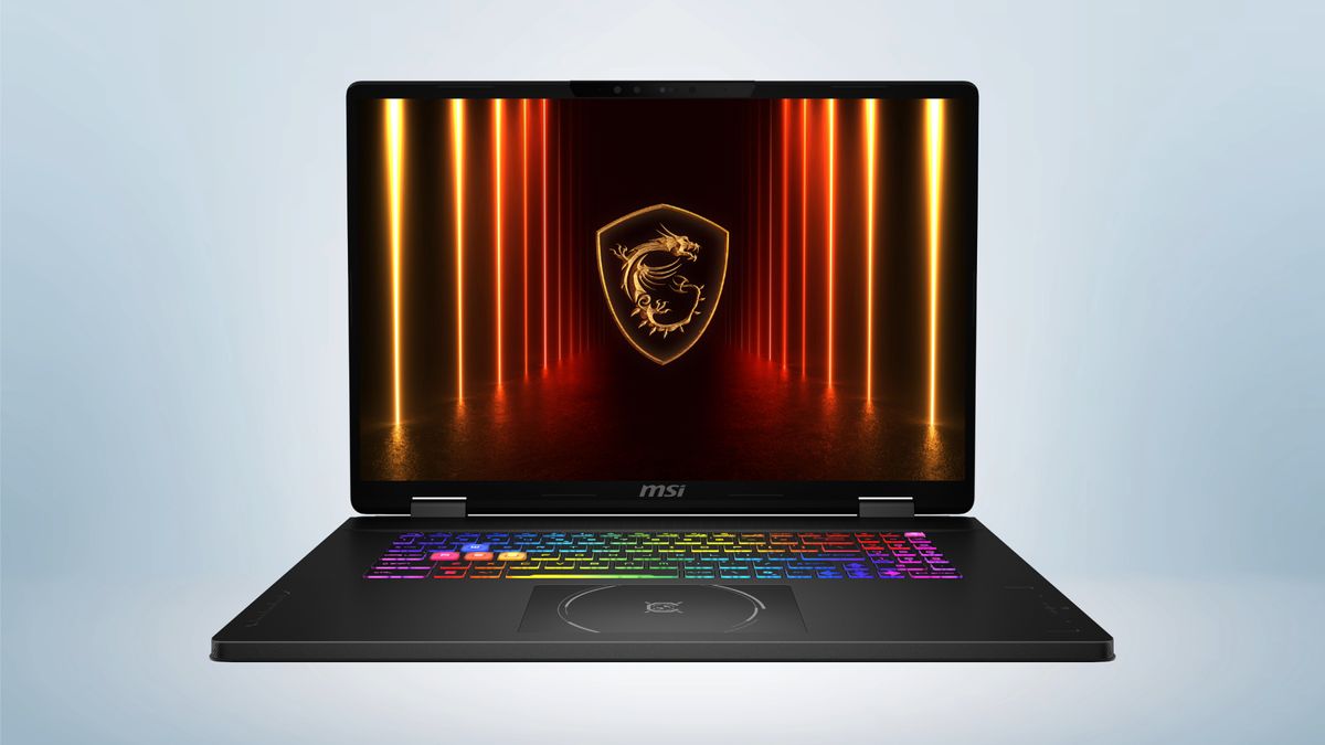 The MSI Crosshair A18 HX gaming laptop in front of a gray background