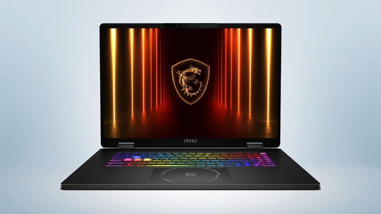 The MSI Crosshair A18 HX gaming laptop in front of a gray background