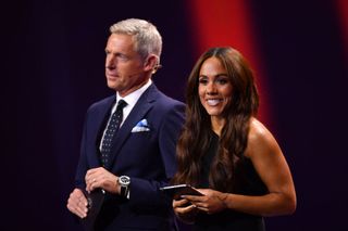 Presenters, Matt Smith and Alex Scott look on during the UEFA Europa League 2023/24 Group Stage Draw at Grimaldi Forum on September 01, 2023 in Monaco, Monaco.