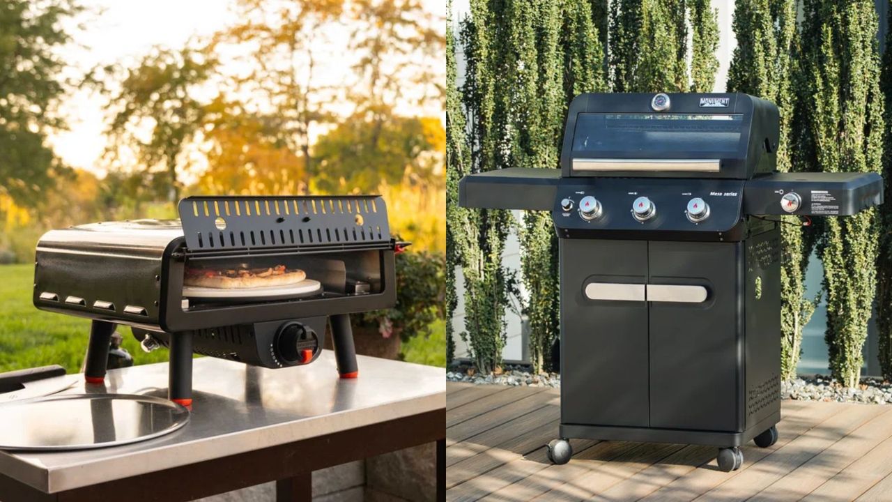 A two-panel image showing what&#039;s on offer in the Wayfair Anniversary Sale Grill and Pizza Oven deals: A Blackstone Leggero Portable Pizza Oven and a Monument Grills Mesa 325 3-Burner, bout outdoor in a garden