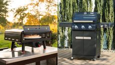 A tewo-panel image showing what's on offer in the Wayfair Anniversary Sale Grill and Pizza Oven deals: A Blackstone Leggero Portable Pizza Oven and a Monument Grills Mesa 325 3-Burner, bout outdoor in a garden