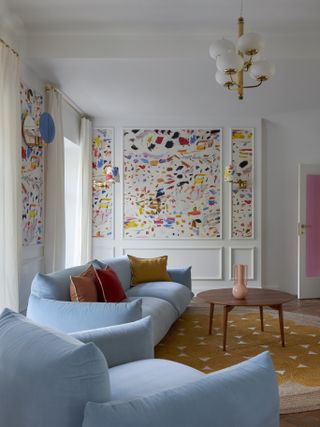 Colorful living room with wallpapered panelling