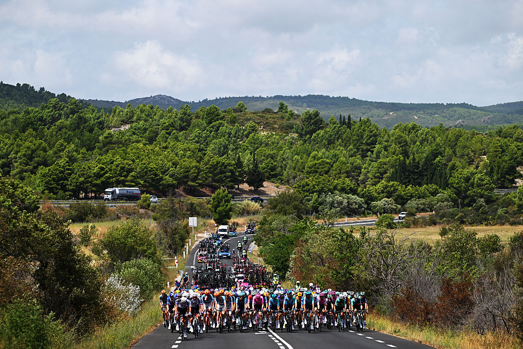 FONT-ROMEU, FRANCE - AUGUST 24: A general view of the peloton passing through a landscape during the La Vuelta - 81st Tour of Spain 2026, Stage 3 a 174km from Gruissan - Aude to Font Romeu 1941m / #UCIWT / on August 24, 2026 in Font Romeu - Aude, France. (Photo by Tim de Waele/Getty Images)
