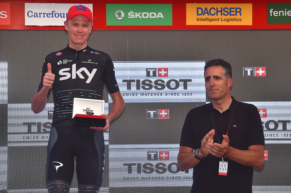 Chris Froome (Team Sky) on the Vuelta a Espana podium with Miguel Induain