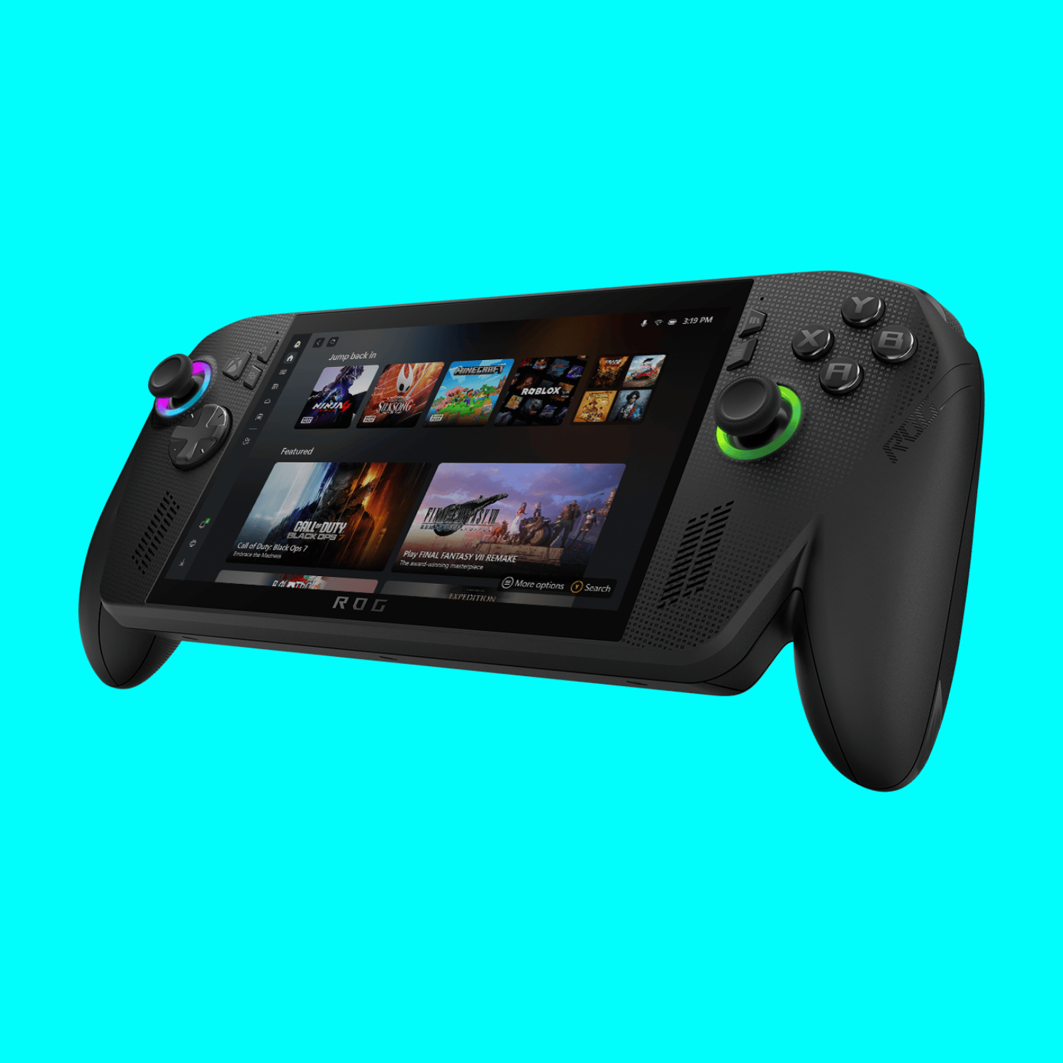 The Asus ROG Xbox Ally X on a blue background