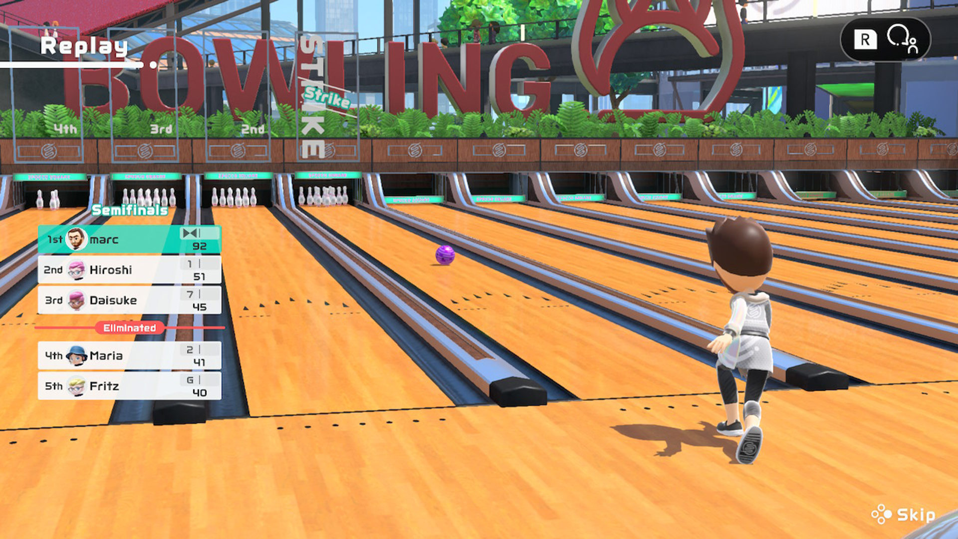 A screen from Nintendo Switch Sports showing the bowling mini-game