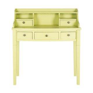 A pea-colored writing desk with multiple levels and drawers