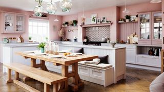 pink and grey kitchen with banquette seating dining table