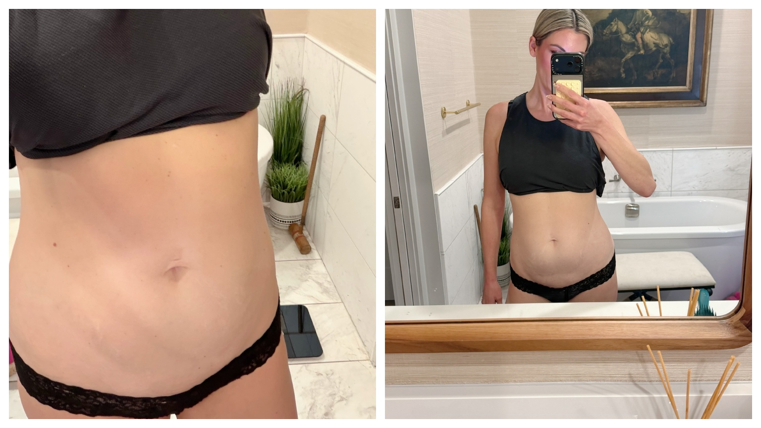 a duo of photos of a white woman, one of her bare stomach in a black tank top and underwear, the other a selfie in a mirror of her in a black tank top that exposes her stomach and underwear