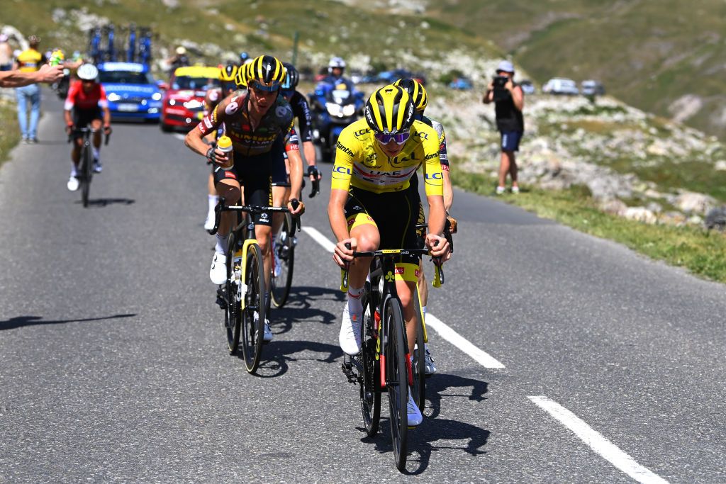 SERRE CHEVALIER FRANCE JULY 13 LR Sepp Kuss of United States and Team Jumbo Visma and Tadej Pogacar of Slovenia and UAE Team Emirates Yellow Leader Jersey compete in the chase group at Col du Galibier 2630m during the 109th Tour de France 2022 Stage 11 a 1517km stage from Albertville to Col de Granon Serre Chevalier 2404m TDF2022 WorldTour on July 13 2022 in Col de GranonSerre Chevalier France Photo by Tim de WaeleGetty Images