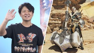 Monster Hunter series producer Ryozo Tsujimoto; a hunter posing with a large hammer in Monster Hunter Wilds.