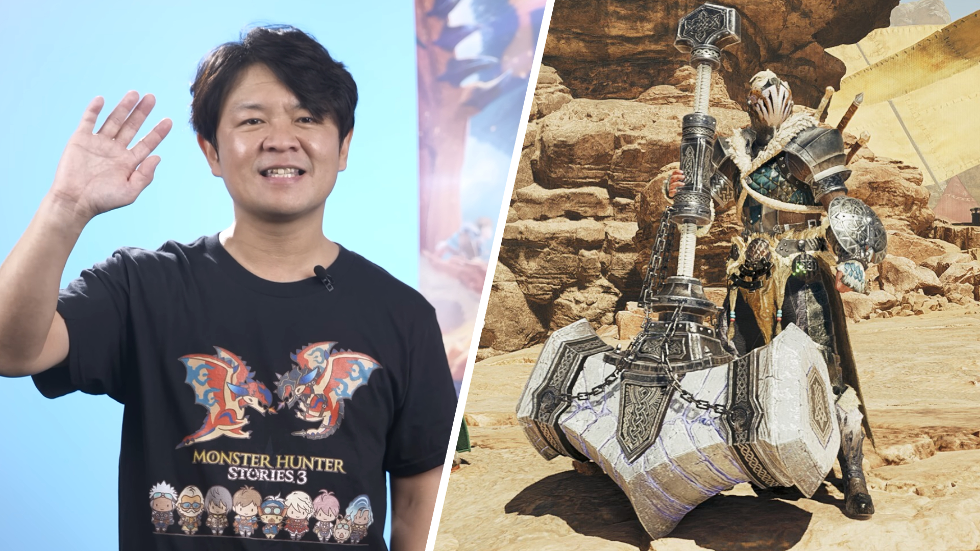 Monster Hunter series producer Ryozo Tsujimoto; a hunter posing with a large hammer in Monster Hunter Wilds.