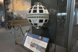 The backup to the namesake for the Adidas Telstar 18 soccer ball, the Telstar 1 communications satellite, on display at the National Air and Space Museum in Washington, DC.