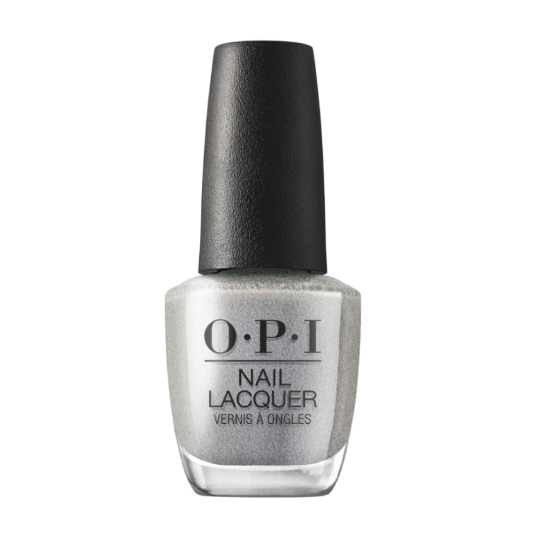 A product shot of the OPI Nail Lacquer in shade OPI&amp;rsquo;m Frosted (a glittery silver), on a white background