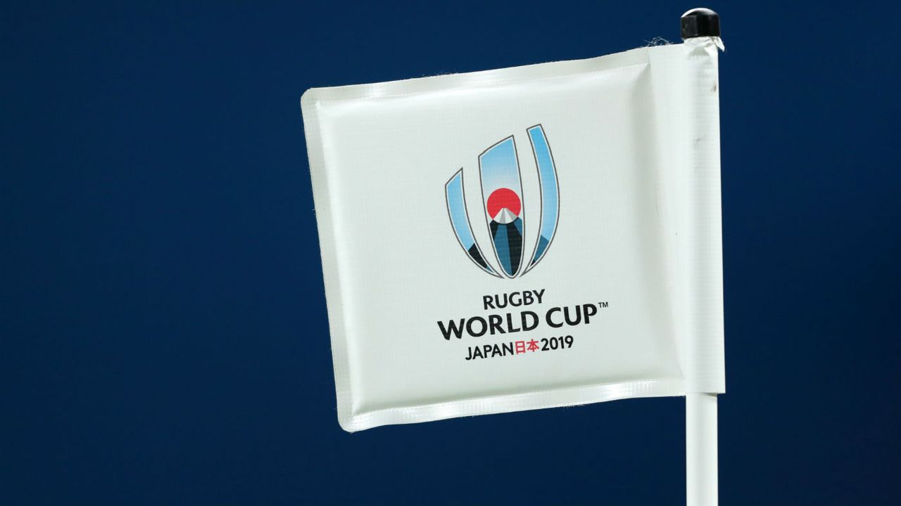 The 2019 Rugby World Cup logo on the pitchside flag