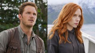 Chris Pratt as Owen Grady in Jurassic World looking into the distance and Scarlett Johannson with long red hair with a scenic background in Black Widow