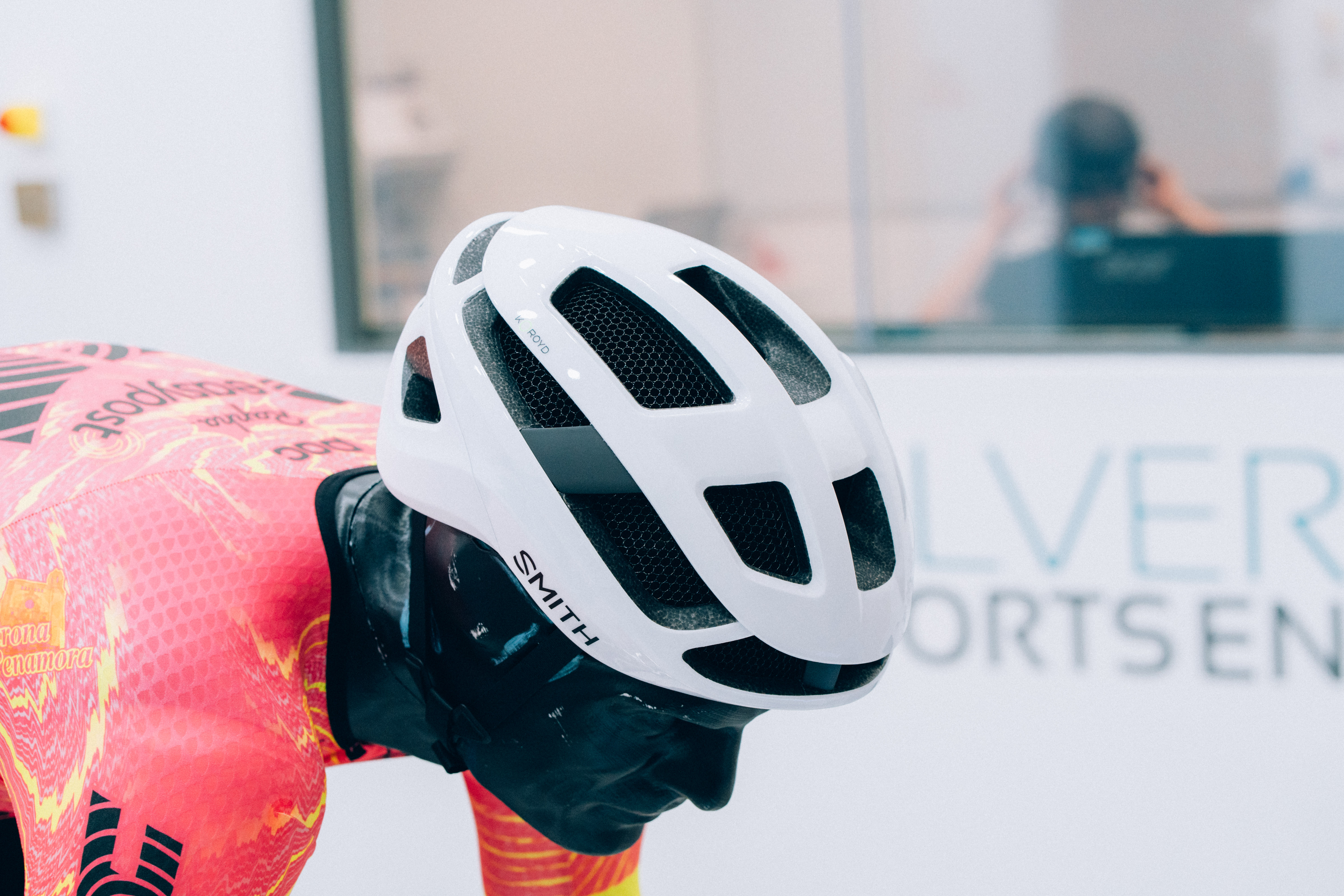 A close up of helmets being tested in the wind tunnel