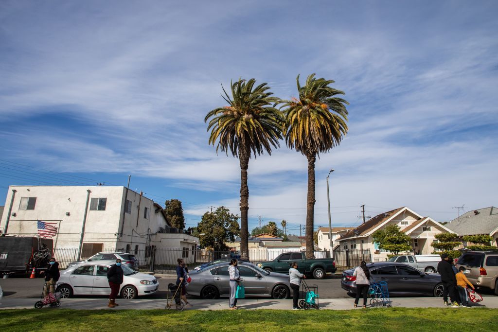 People wait in line for food boxes in Los Angeles.