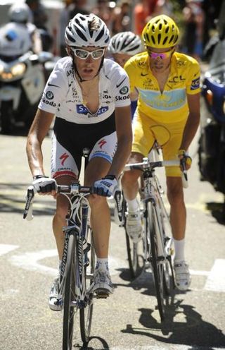 Andy Schleck (Saxo Bank) ahead of Alberto Contador (Astana) at the 2009 Tour de France