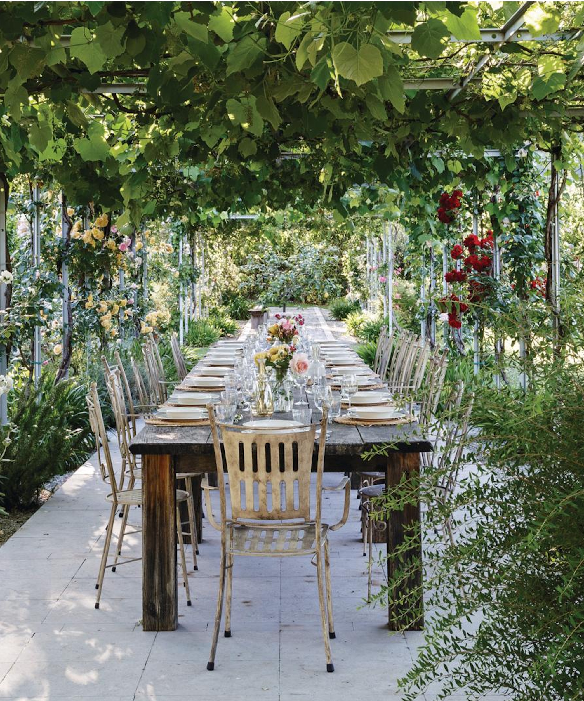 Outdoor dining table under lush foliage on a pergola