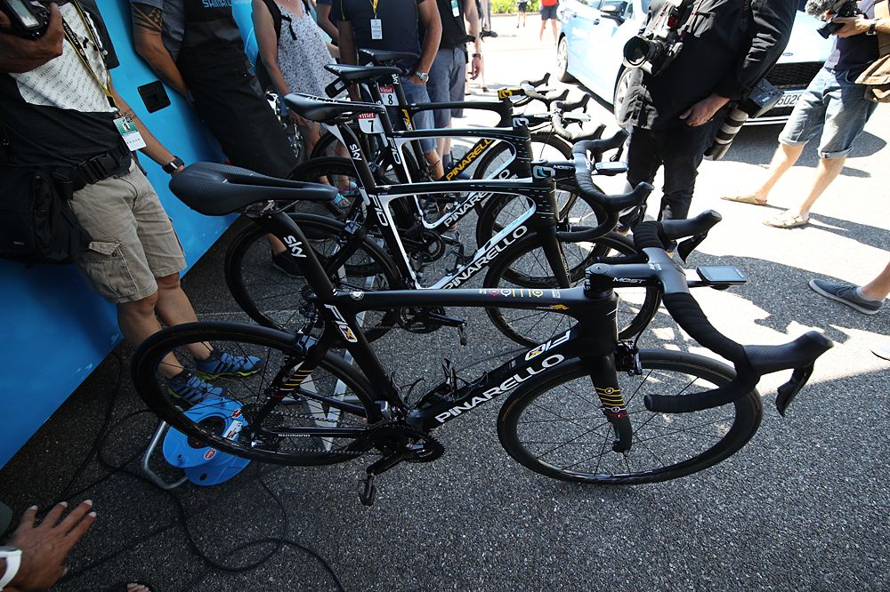 Team Sky's Pinarello bikes all set to go for a rest-day training ride