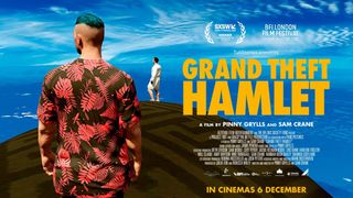 Promotional poster for Grand Theft Hamlet featuring both protagonists looking out to sea, with the title, credits and awards to the right of the frame