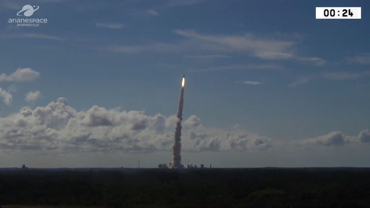 An Ariane 5 rocket designated VA249 launches the Intelsat 39 and EDRS-C communications satellites into orbit on Aug. 6, 2019.