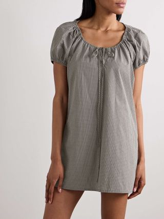 Tie-detailed gathered checked organic cotton-poplin mini dress