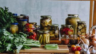 A collection of pickled vegetables in jars