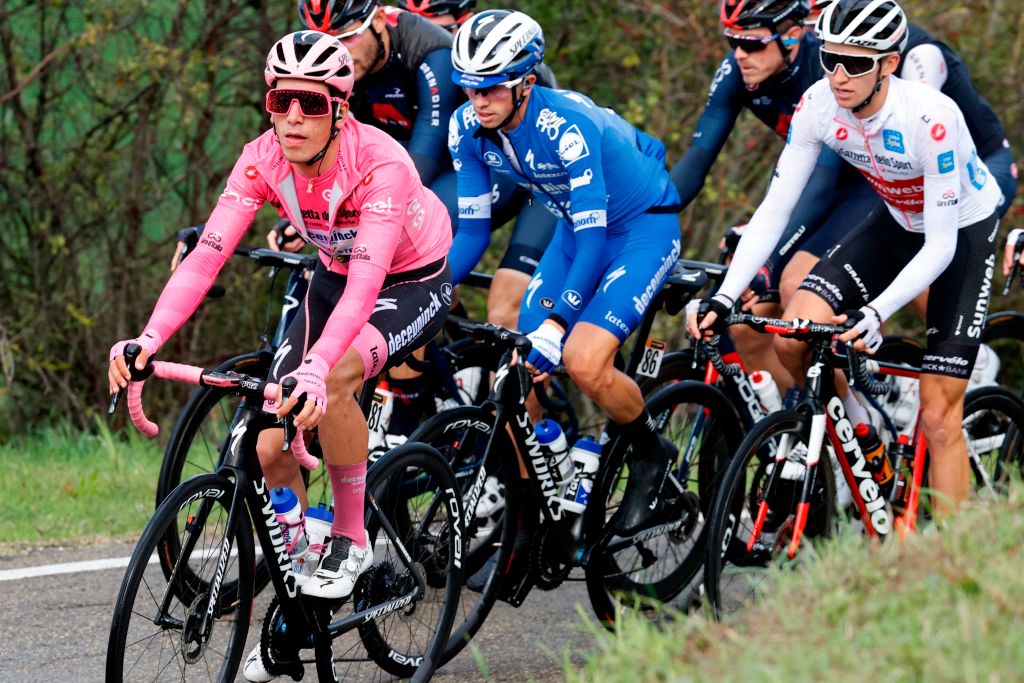 Team Deceuninck rider Portugals Joao Almeida CL wearing the overall leaders pink jersey rides during the 12th stage of the Giro dItalia 2020 cycling race a 204kilometre route between Cesenatico and Cesenatico on October 15 2020 Photo by Luca Bettini AFP Photo by LUCA BETTINIAFP via Getty Images