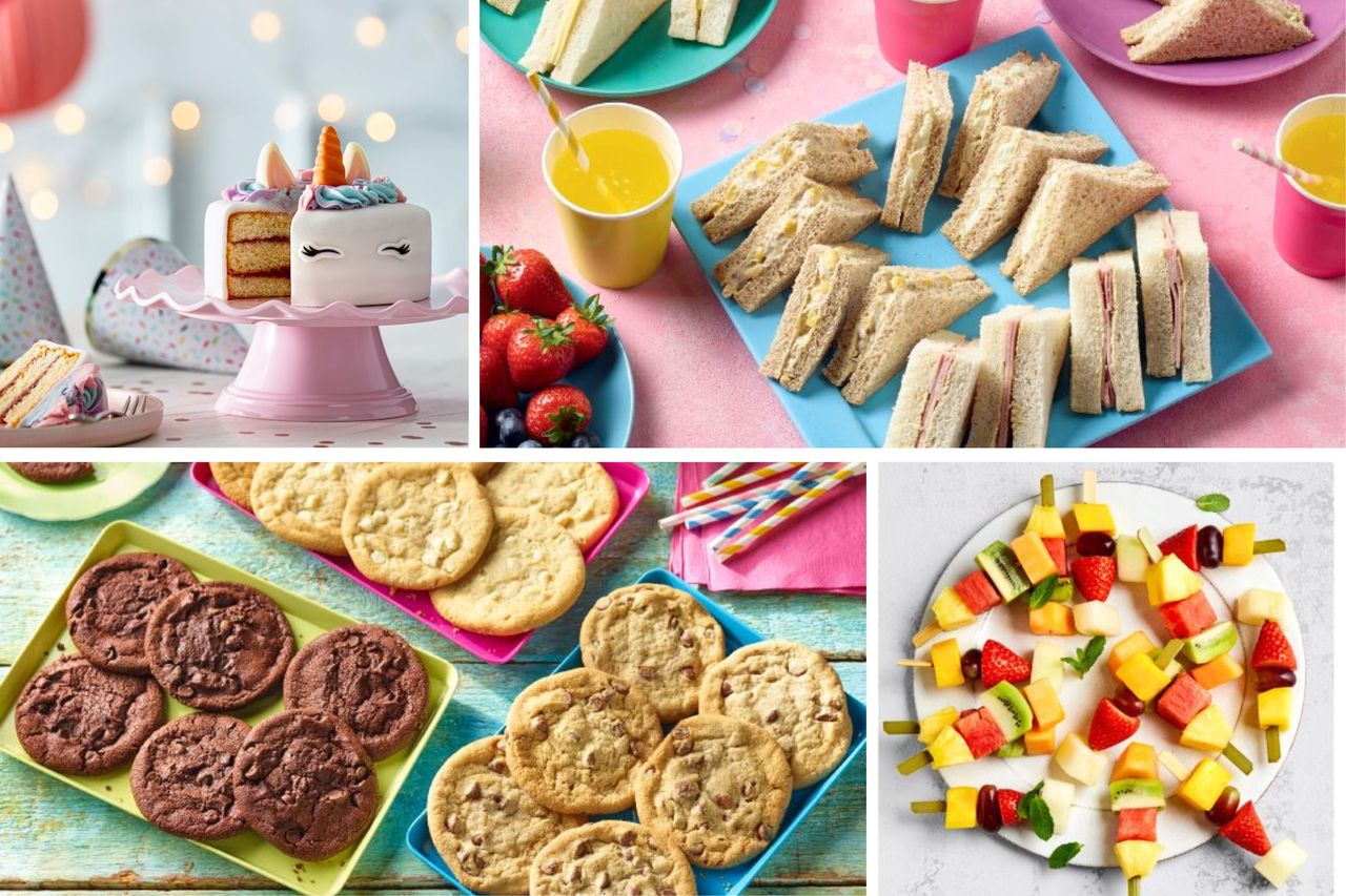 A collage of kids party food from various supermarkets including Sainsbury&#039;s, Morrisons and Waitrose