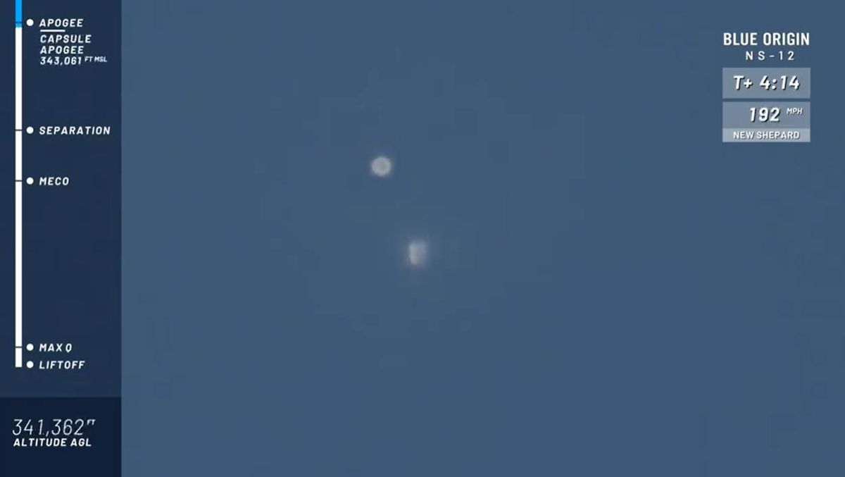A Blue Origin New Shepard rocket launches the Reusable Space Ship H.G. Wells on its record 6th flight to suborbital space from the company's West Texas launch site on Dec. 11, 2019.