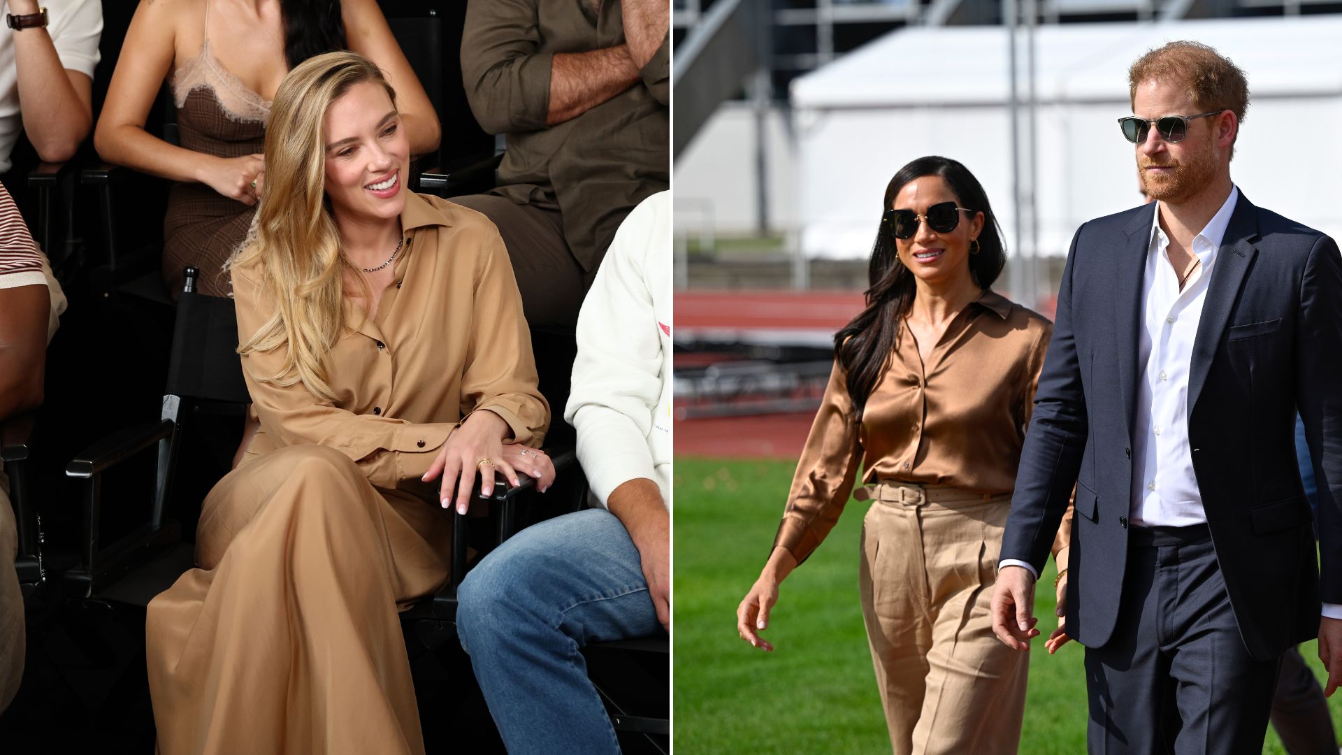 Images Scarlett Johansson and Meghan Markle wearing similar neutral outfits