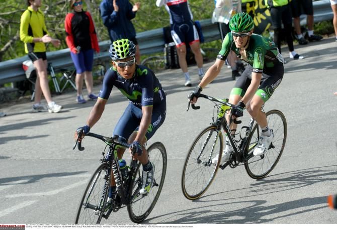 Nairo Quintana (Movistar) and Pierre Rolland (Europcar) go on the attack