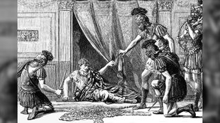A black and white drawing of Roman emperor Claudius as his hiding place behind a curtain is revealed by a Roman soldier. There are four Roman soldiers standing around the emperor, one with a dagger drawn and advancing on Claudius, who is lying on the floor.