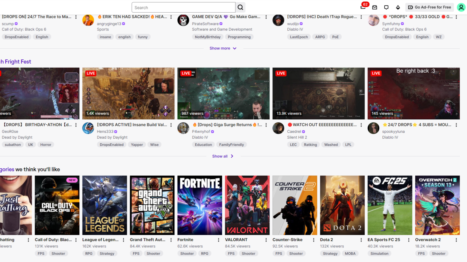 Pantalla de inicio de Twitch con varias listas de transmisiones