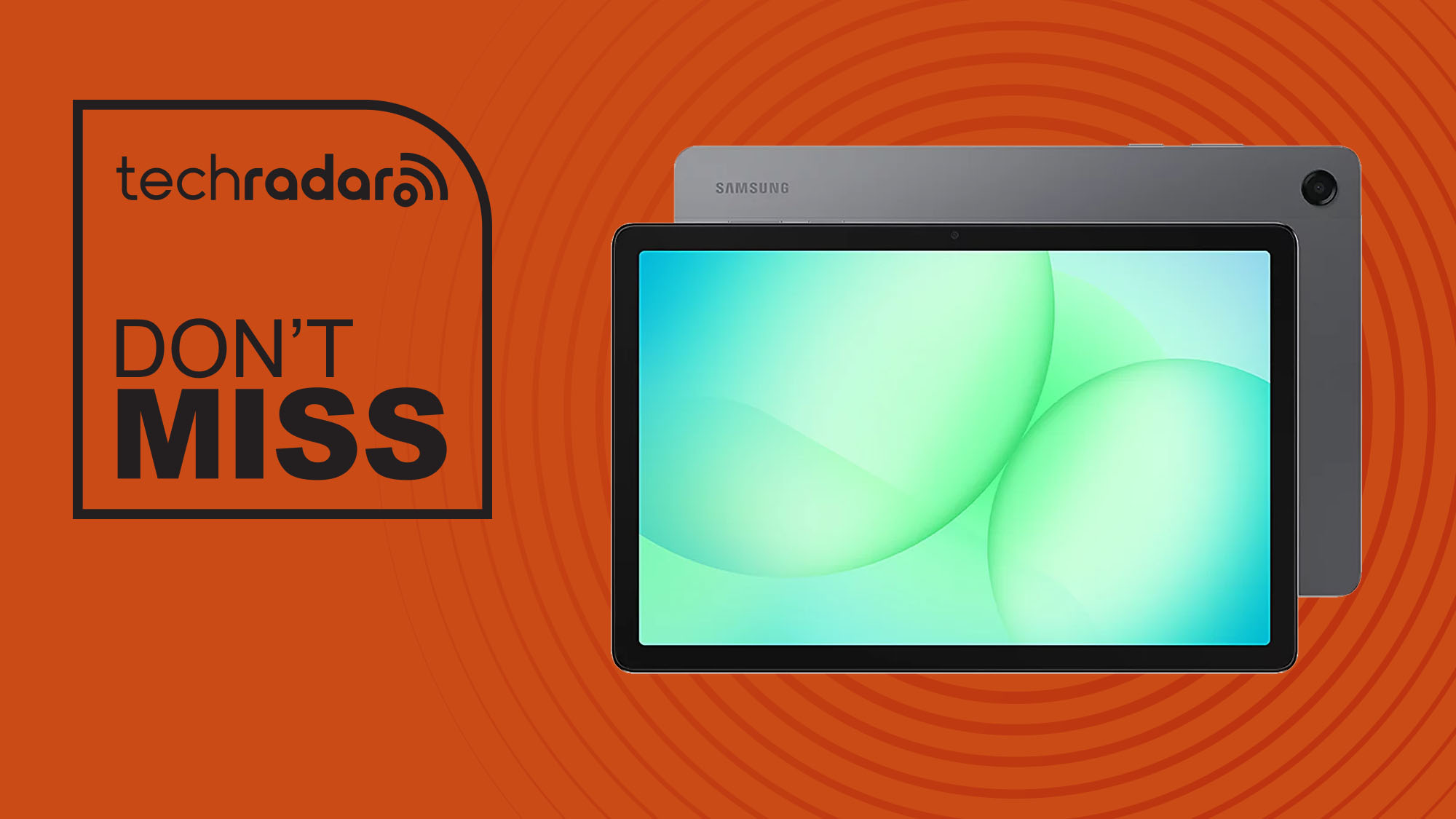 Samsung Galaxy Tab A11 Plus in gray on orange background with TechRadar don't miss sign