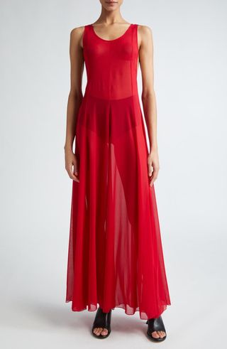 Sleeveless Pleat Stretch Silk Maxi Dress