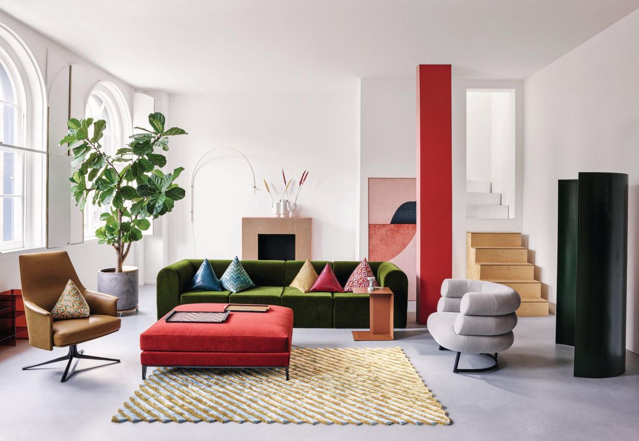 living room with fiddle-leaf fig tree