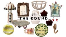 Funky ceramics, including a striped table lamp, trinket dish, cake stand, wall mirror, coaster, mug, wall hooks, and more pictured against a white background