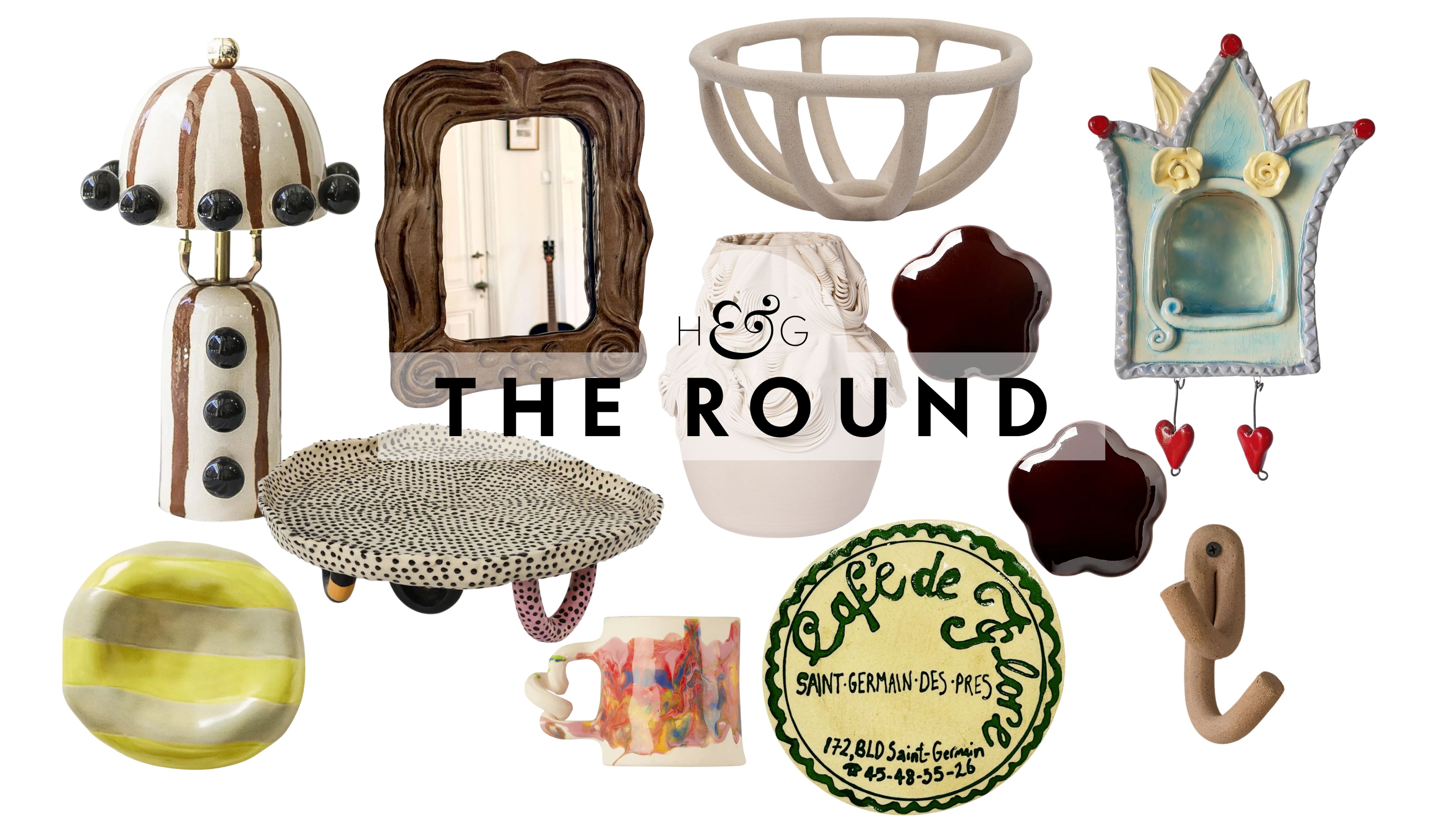 Funky ceramics, including a striped table lamp, trinket dish, cake stand, wall mirror, coaster, mug, wall hooks, and more pictured against a white background