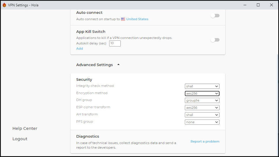 Hola VPN Premium Windows App Settings