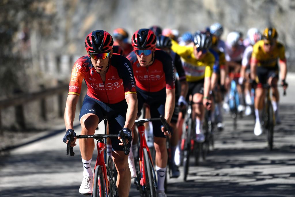 COL DE LA COUILLOLE FRANCE MARCH 11 Omar Fraile of Spain and Team INEOS Grenadiers leads the peloton during the 81st Paris Nice 2023 Stage 7 a 1429km stage from Nice to La Col de la Couillole 1676m UCIWT ParisNice on March 11 2023 in La Col de la Couillole France Photo by Alex BroadwayGetty Images
